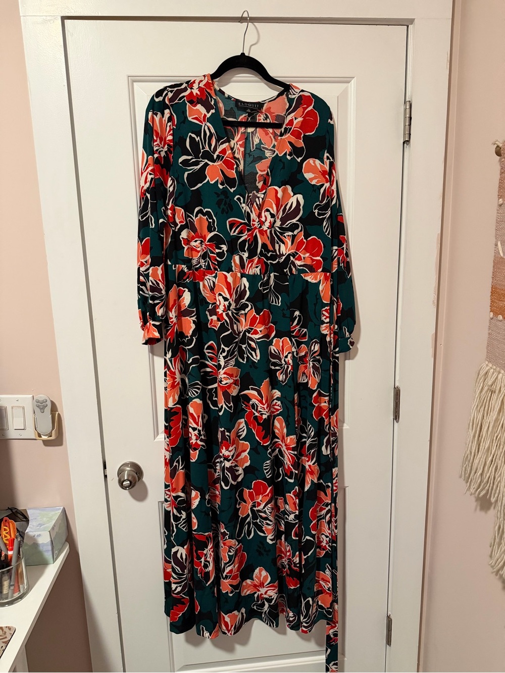 Eloquii Teal Maxi Dress with Red and White Floral Print with Tie Waist